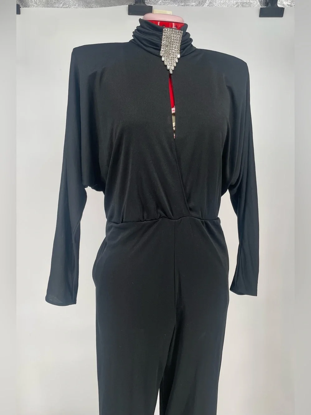 80s Dramatic Shoulder Pad Open Back Long Sleeve Jumpsuit Rhinestone Detail